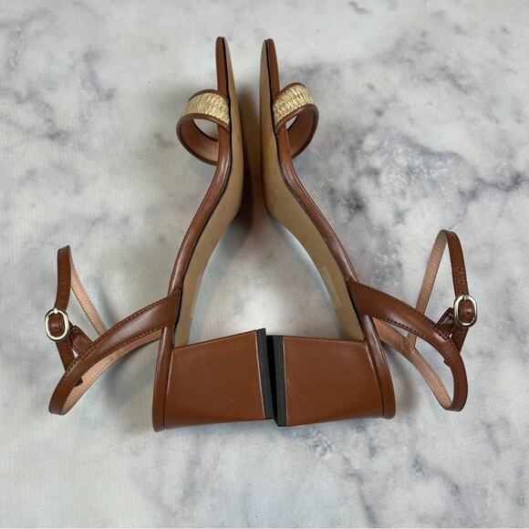 J. Crew Layne Cognac Brown Leather + Raffia Square Toe Block Heel Sandals - Picture 9 of 10